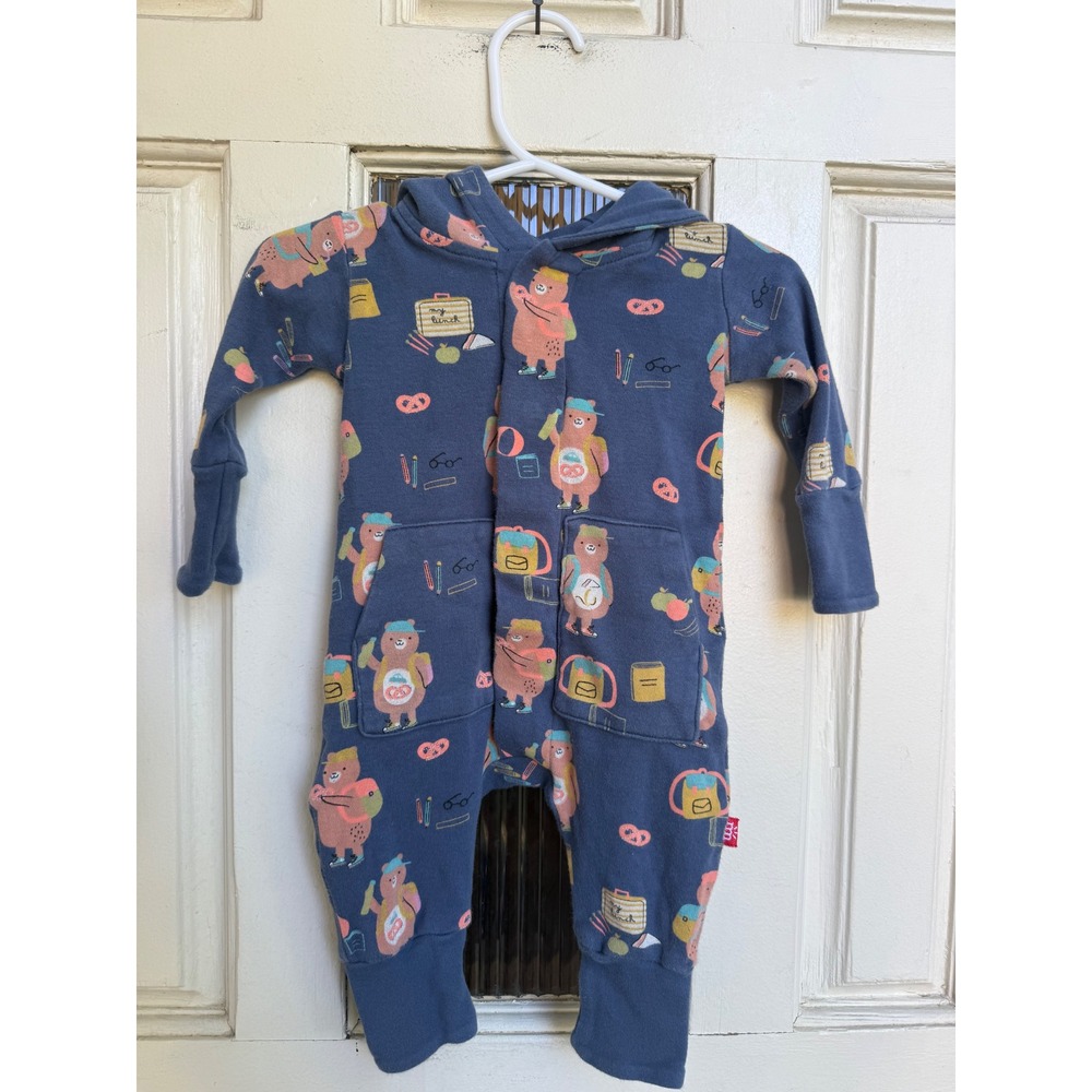 Magnetic Me Organic Cotton Hooded Romper Blue School Bear Print Size 0-3 Months